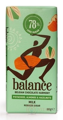 BALANCE MLIEČNA ČOKOLÁDA MANDLE, PISTÁCIE, ORECHY lieskové, belgická, so sladidlom zo stévie 1x100 g