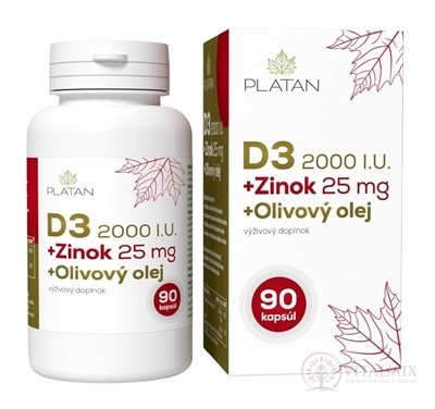 PLATAN D3 2000 I.U.+ Zinok 25mg + Olivový olej cps (mäkké želatínové kapsuly) 1x90 ks