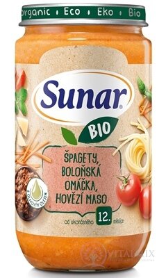 Sunar BIO príkrm ŠPAGETY, OMÁČKA, HOVÄDZIE MÄSO s olivovým olejom (od ukonč. 12. mesiaca) 1x235 g