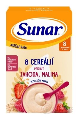 Sunar mliečna KAŠA 8 CEREÁLIÍ príchuť jahoda, malina (od ukonč. 8. mesiaca) 1x210 g