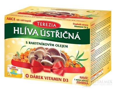 TEREZIA HLIVA USTRICOVITÁ S RAKYTNÍKOVÝM OLEJOM AKCIA cps 2x60 ks + darček VITAMIN D3 cps 1x30 ks, 1x1 set