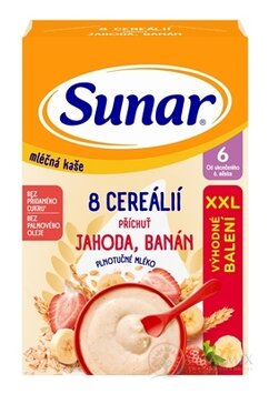 Sunar mliečna KAŠA 8 CEREÁLIÍ príchuť jahoda, banán (od ukonč. 6. mesiaca) XXL balenie 1x340 g